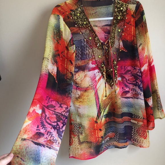 Bedazzled Chiffon Tunic Cover Up Size Large - Picture 3 of 6